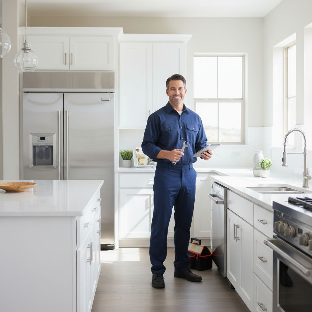 Smiling appliance repair technician standing in a modern bright kitchen