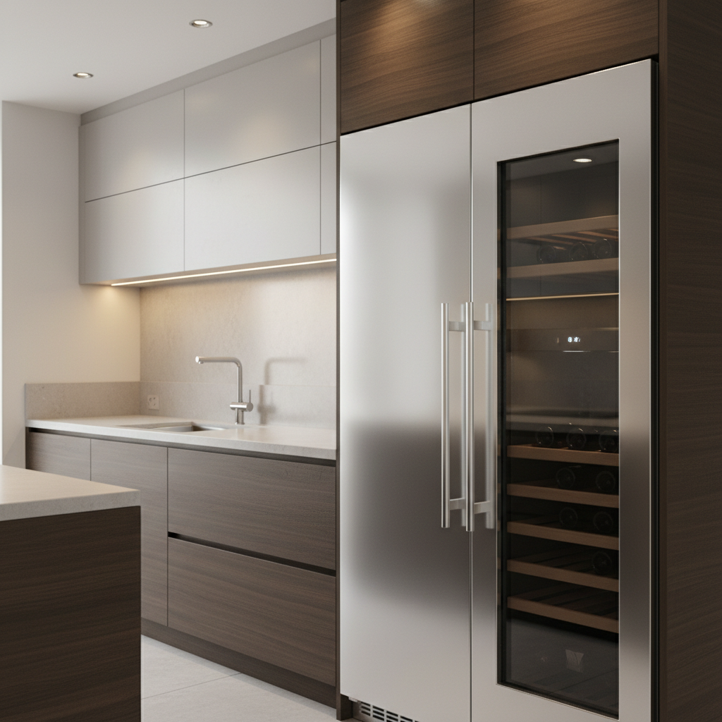 Modern high-end kitchen close-up with built-in refrigerator and wine cooler
