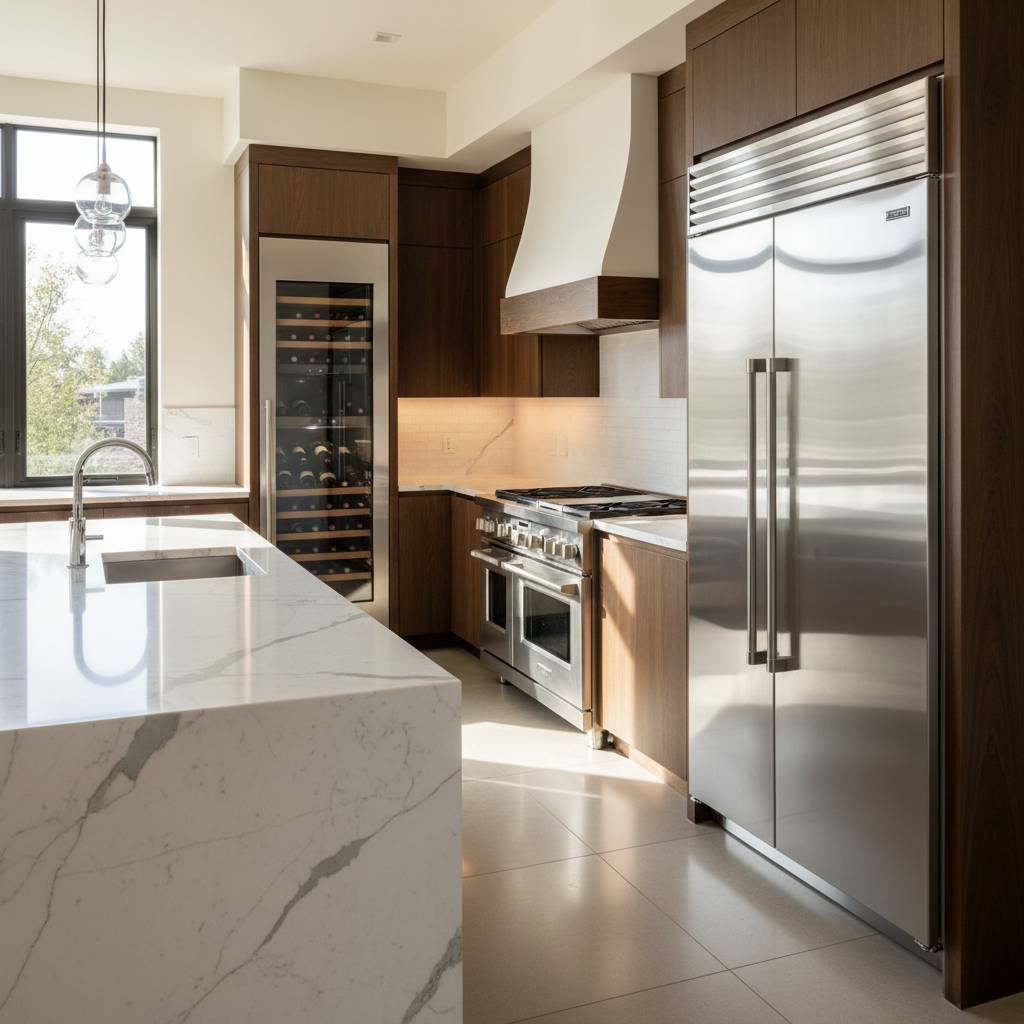 Luxury modern kitchen with stainless steel refrigerator and marble countertops
