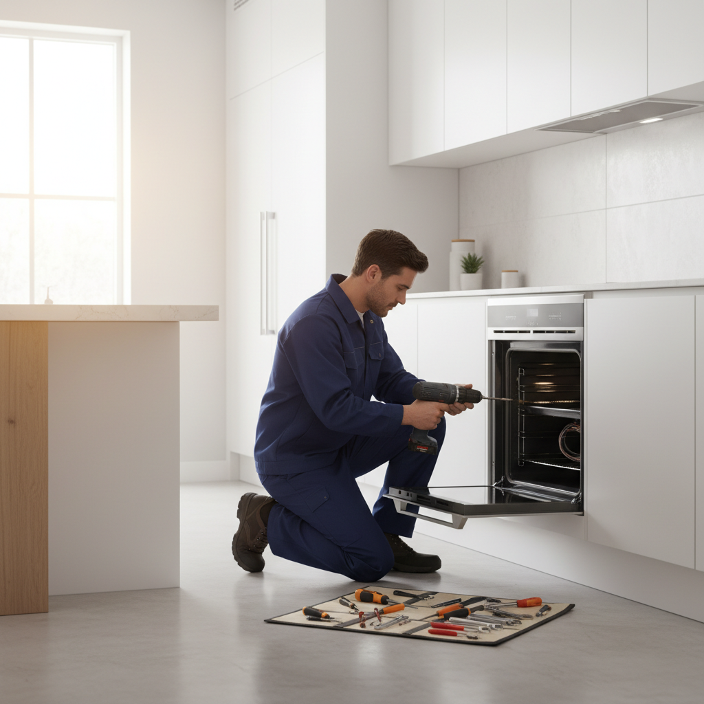 Appliance repair technician repairing a built-in oven in a bright modern kitchen
